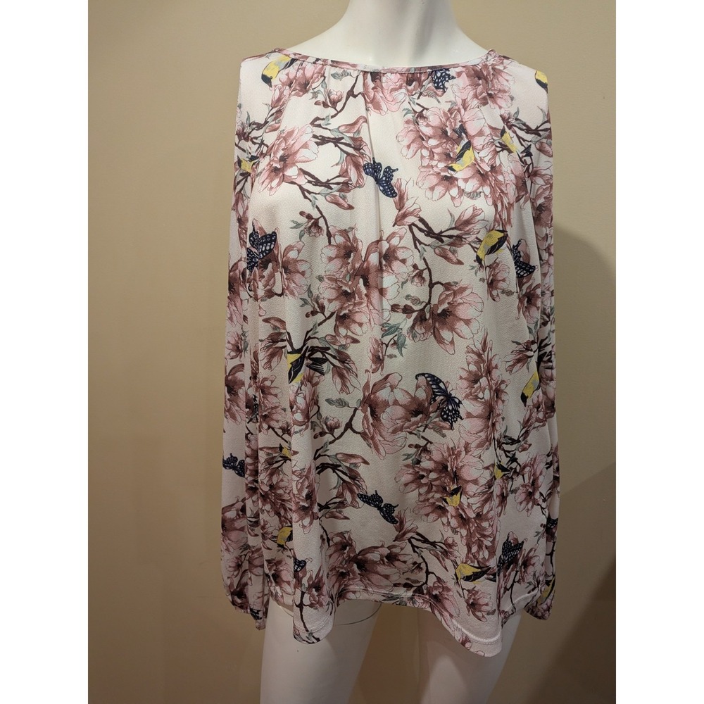 H&M Women's Long Sleeve Floral Birds Top Blouse Size L Armpit To Armpit 23"‎ EUC